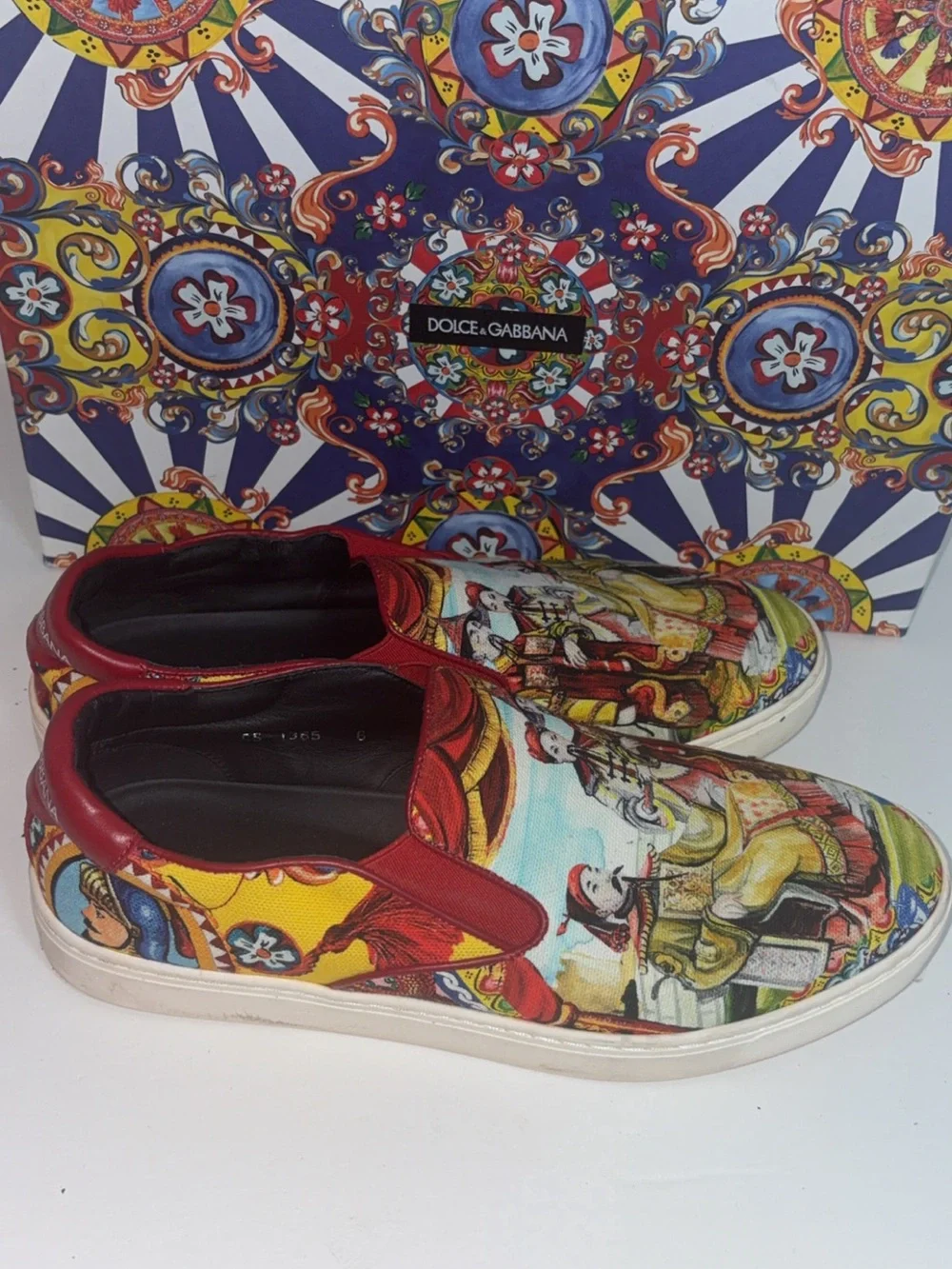 Dolce & Gabbana Red Multicolor Slip-On Loafers with Baroque Print